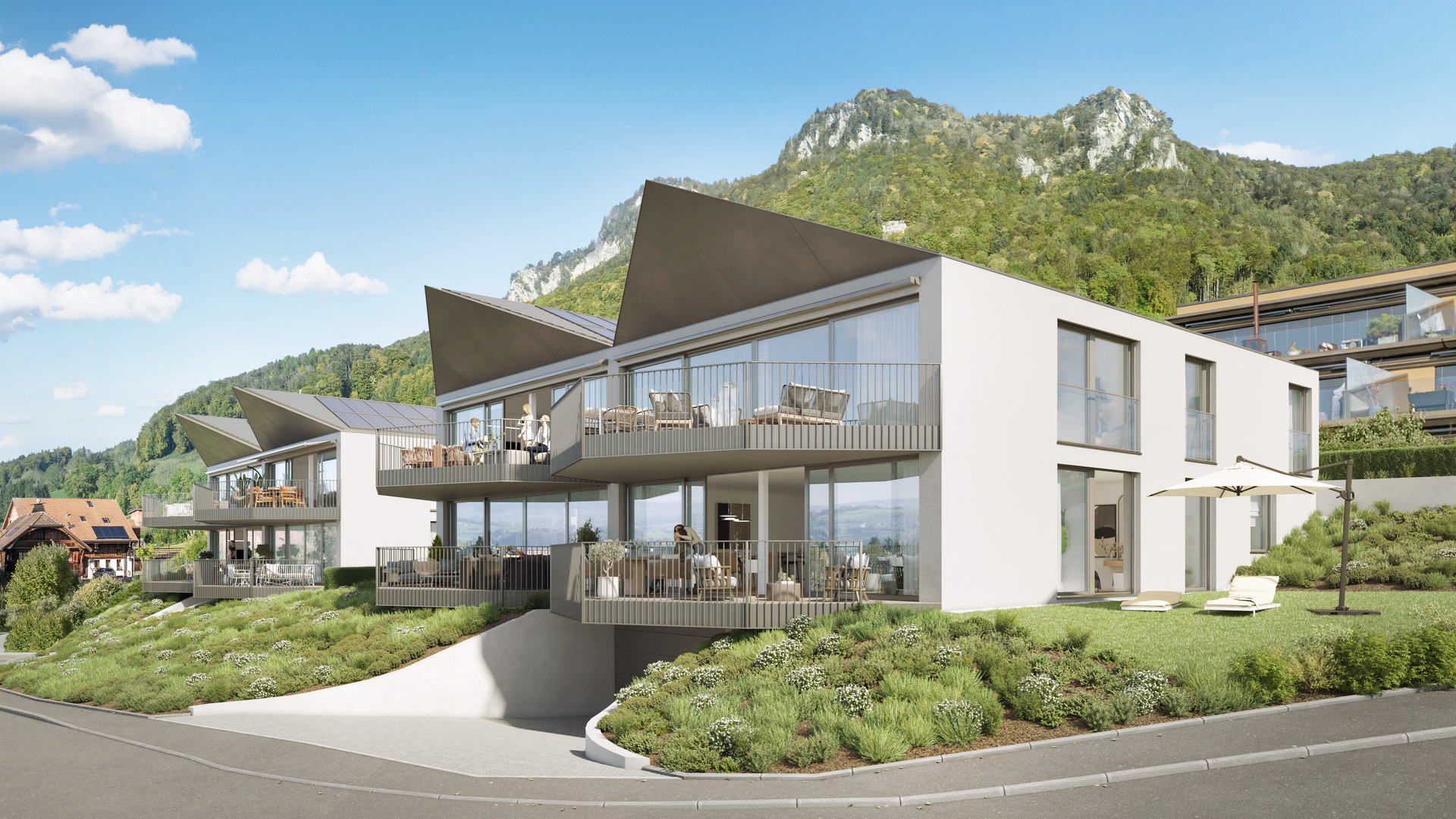Render 3D de la promotion Lueur d'Émeraude à Botterens, vue extérieure avec les balcons et le paysage de la Gruyère.