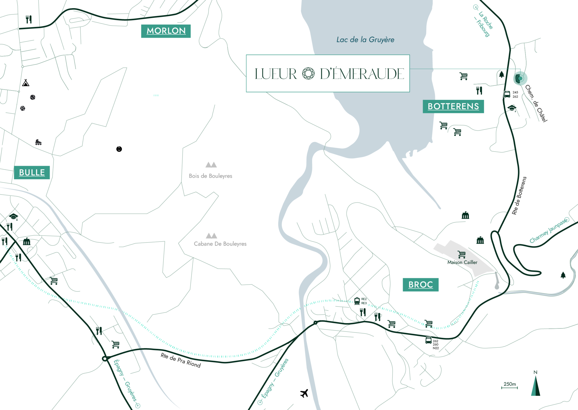 Carte de Lueur d'Émeraude à Botterens, entre Bulle, Broc et le lac de la Gruyère